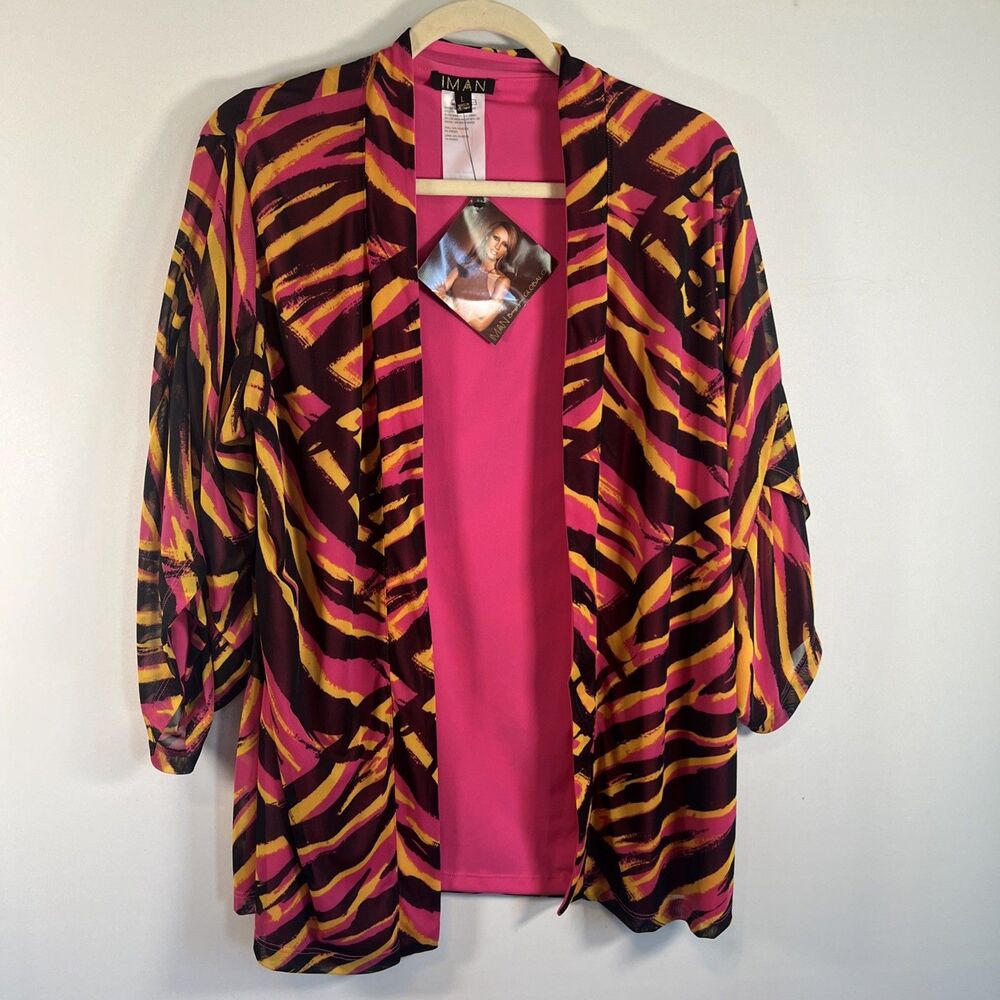 IMAN Global Chic Animal Print Pink Topper Open BLAZER JACKET  3/4 Sleeve Large